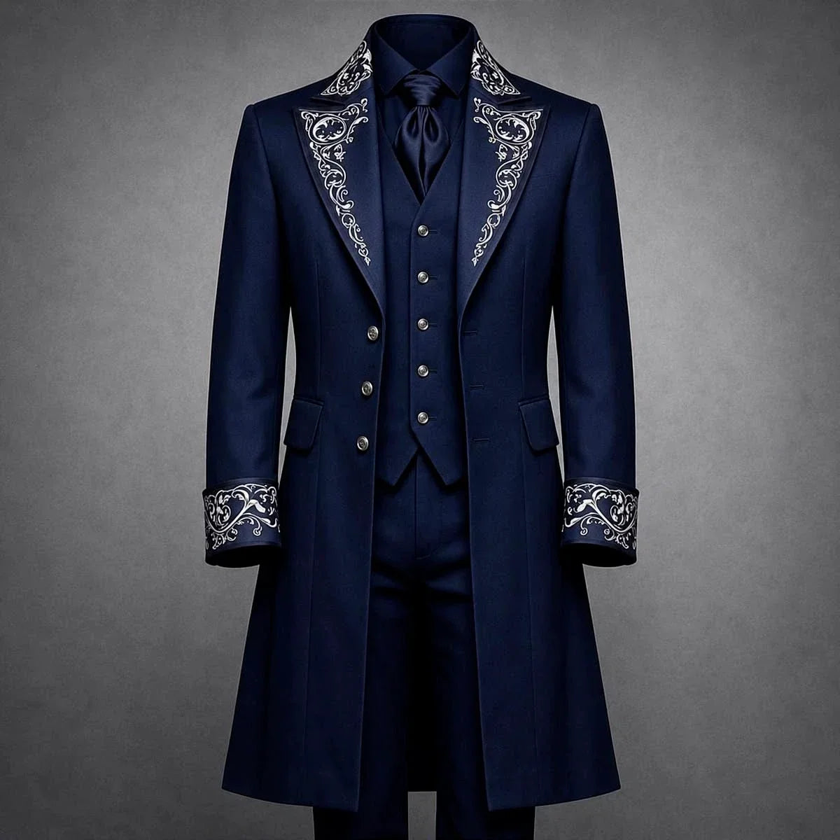 Vintage Court Men 3 Piece Suit White Embroidery Long Overcoat Formal Tuxedo Jacket Vest Pants Luxury Wedding Evening Customized