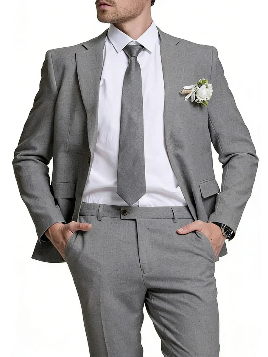 Linen Suits for Men Retro Casual Slim Fit Suit Beach Prom Dress Tux 2 Pieces Set Wedding Groomsmen One-Button Jacket Blazer Pant