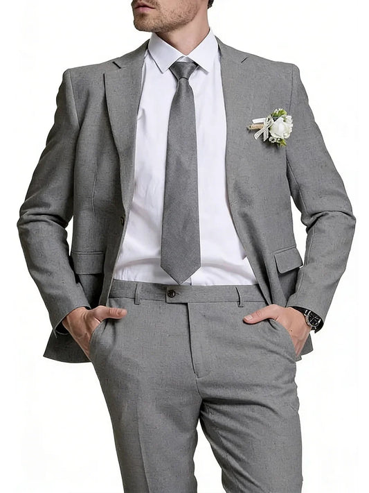 Linen Suits for Men Retro Casual Slim Fit Suit Beach Prom Dress Tux 2 Pieces Set Wedding Groomsmen One-Button Jacket Blazer Pant