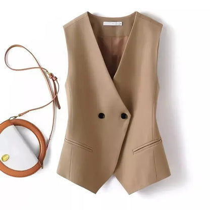 Korean Women Vest 2025 New High-end Casual Suit Vest Commuting Slim Collarless Short Vest Female Sleeveless Jacket Waistcoat Top