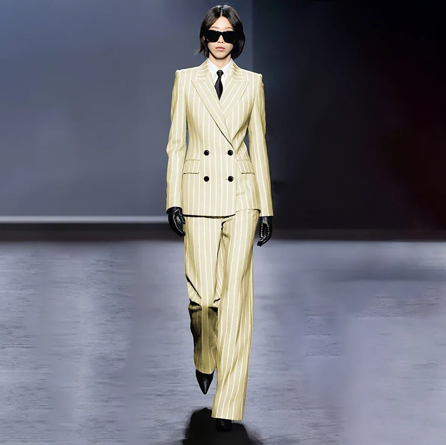 Dark Blue Stripes Women Suit Customized Double-breasted Peak Lapel Two Pieces(Jacket+Pants) Business Office Lady Competent Set