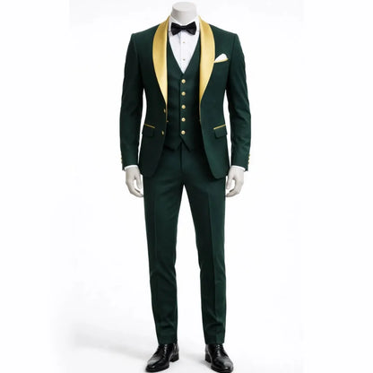 Men Suit Dark Green 3 Piece With Gold Lapel Single Button For Wedding Birthday Banquet Party Business Work Jacket Vest Pants
