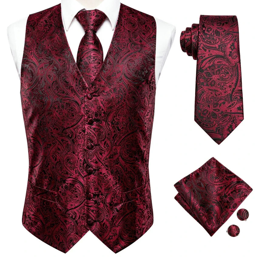 Men's Suit Vest Set Red Paisley Waistcoat with Tie Pocket Square Cufflinks for Weddings