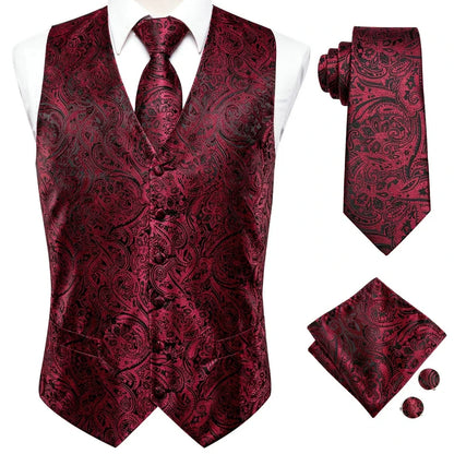 Men's Suit Vest Set Red Paisley Waistcoat with Tie Pocket Square Cufflinks for Weddings