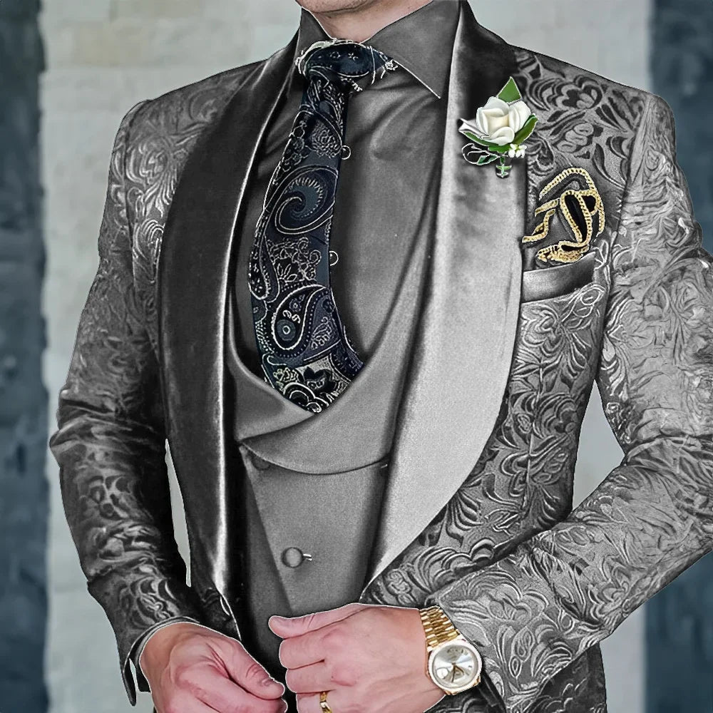 Exquisite jacquard Men's 3-piece Suits Wedding Groom Sets Handsome Shawl Lapel Suit Set Dancing Wear Formal Tuxedo For Business