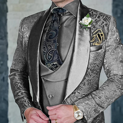 Exquisite jacquard Men's 3-piece Suits Wedding Groom Sets Handsome Shawl Lapel Suit Set Dancing Wear Formal Tuxedo For Business