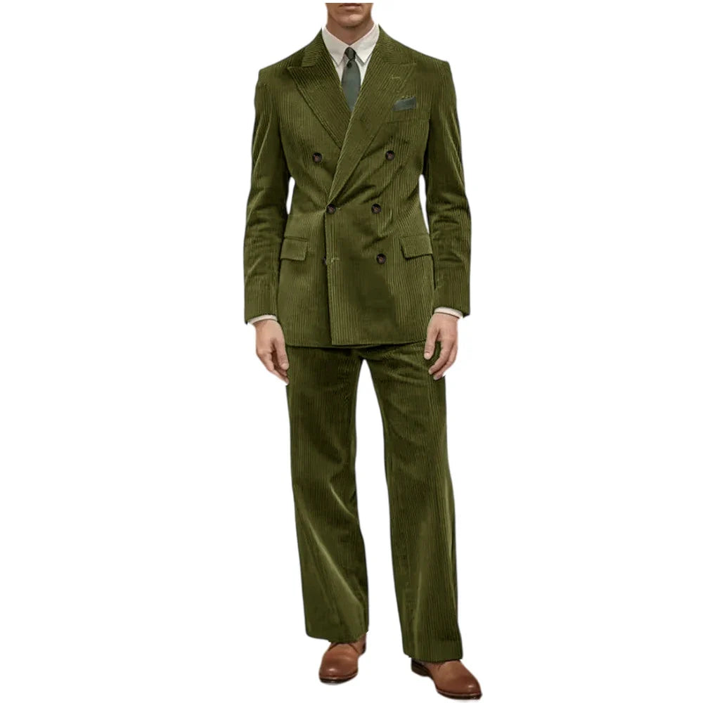 Men's Corduroy Suit 2 Piece Retro Double Breasted Peak Lapel Blazer Straight Leg Pants Formal Set Business Casual Wedding Party