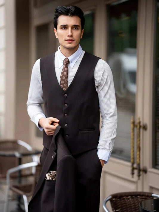 Brown Formal Men's Suits 3 Pieces Banquet Party Outfit,Notched Lapel Man Tuxedo Wedding Groom Sets Plus Size Business Set