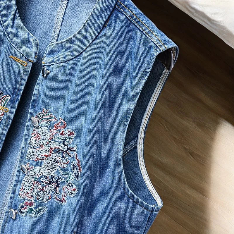 2026 New Summer Thin Denim Vest Jacket Fashion Embroidered Sleeveless Waistcoat Female Vintage Jean Vest Coat Tops Chaleco Mujer