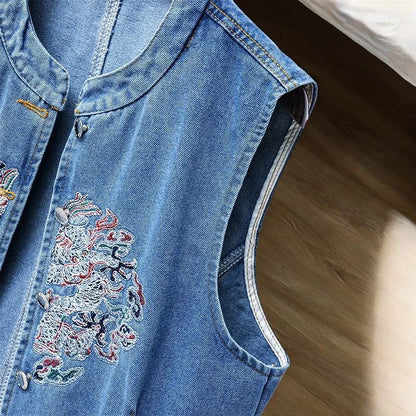 2026 New Summer Thin Denim Vest Jacket Fashion Embroidered Sleeveless Waistcoat Female Vintage Jean Vest Coat Tops Chaleco Mujer