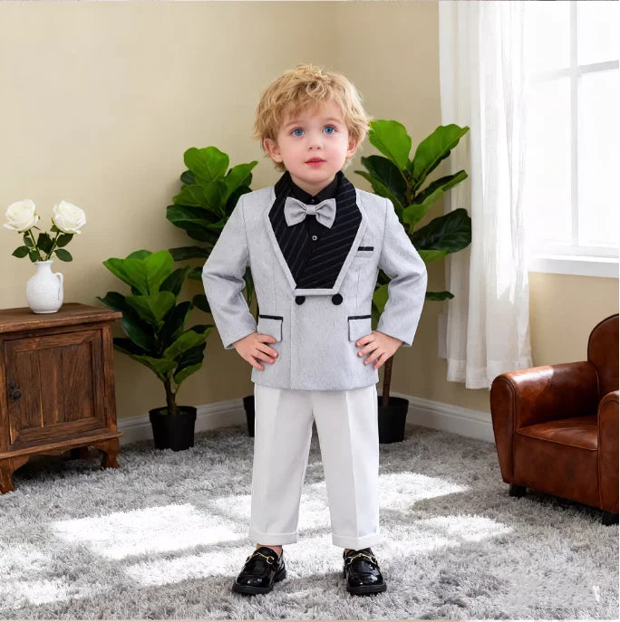 Boys Elegant Silver Suit Set Kids Piano Host Speech Catwalk Performance Costume Children's Wedding Birthday Photogrpahy Outfit