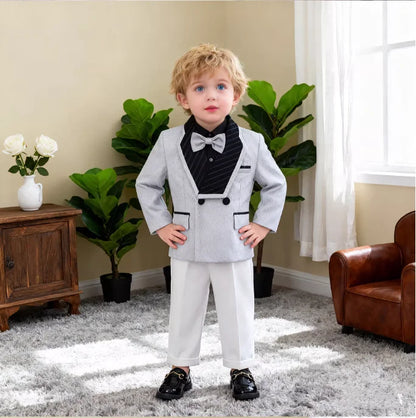 Boys Elegant Silver Suit Set Kids Piano Host Speech Catwalk Performance Costume Children's Wedding Birthday Photogrpahy Outfit