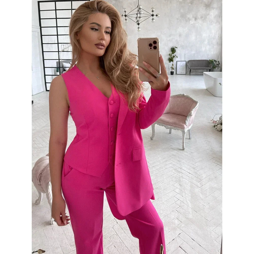 Rose Solid Woman Suits 3 Piece Fashion Notch Lapel Single Breasted Formal Casual Office Lady Pants Sets (Blazer+Vest+Pants)