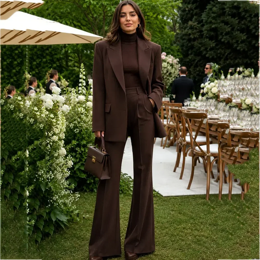 Women's Elegant 2 Piece Suits Set Solid Brown Peak Lapel Flared Pants Suit Formal Office Wedding Guest Business Party Outfit