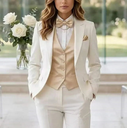 Beige And White Formal Business Women Suit Wedding Party Prom Mother Girl Tuxedos Costume 3 Piece Set Blazer Vest Pants
