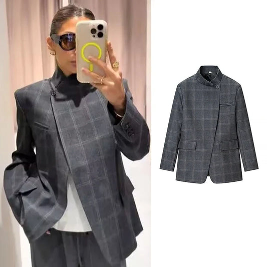 Blazers & Jackets Women's Spring 2026 New Fashion Plaid Loose Warm Jackets Women's Chic Youth Office Long Sleeve Coats