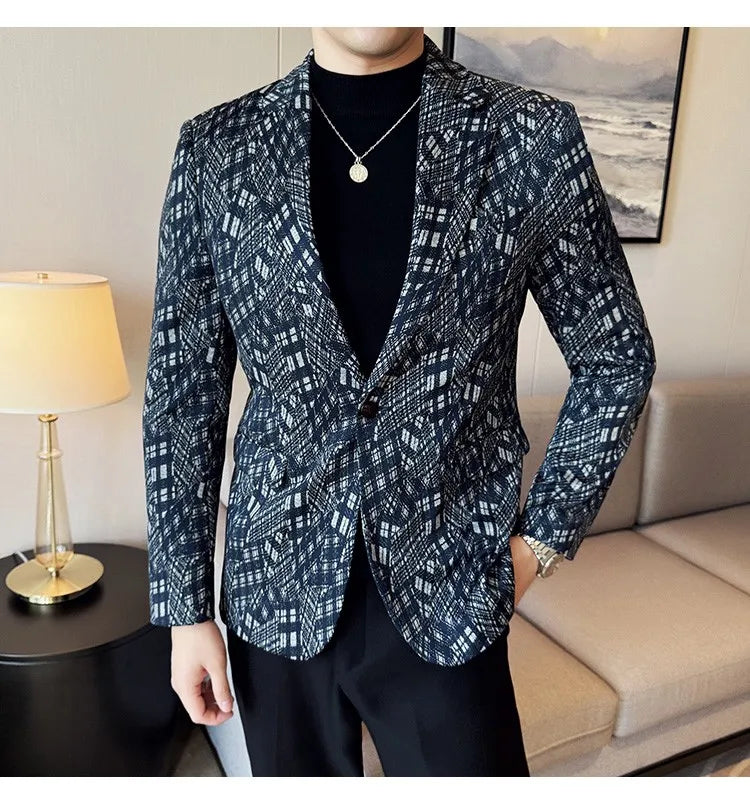 Korean Slim Fit Casual Suit Jacket for Men Fashion Camouflage Business Social Blazers Wedding Streetwear Dress Coat Men Clothing