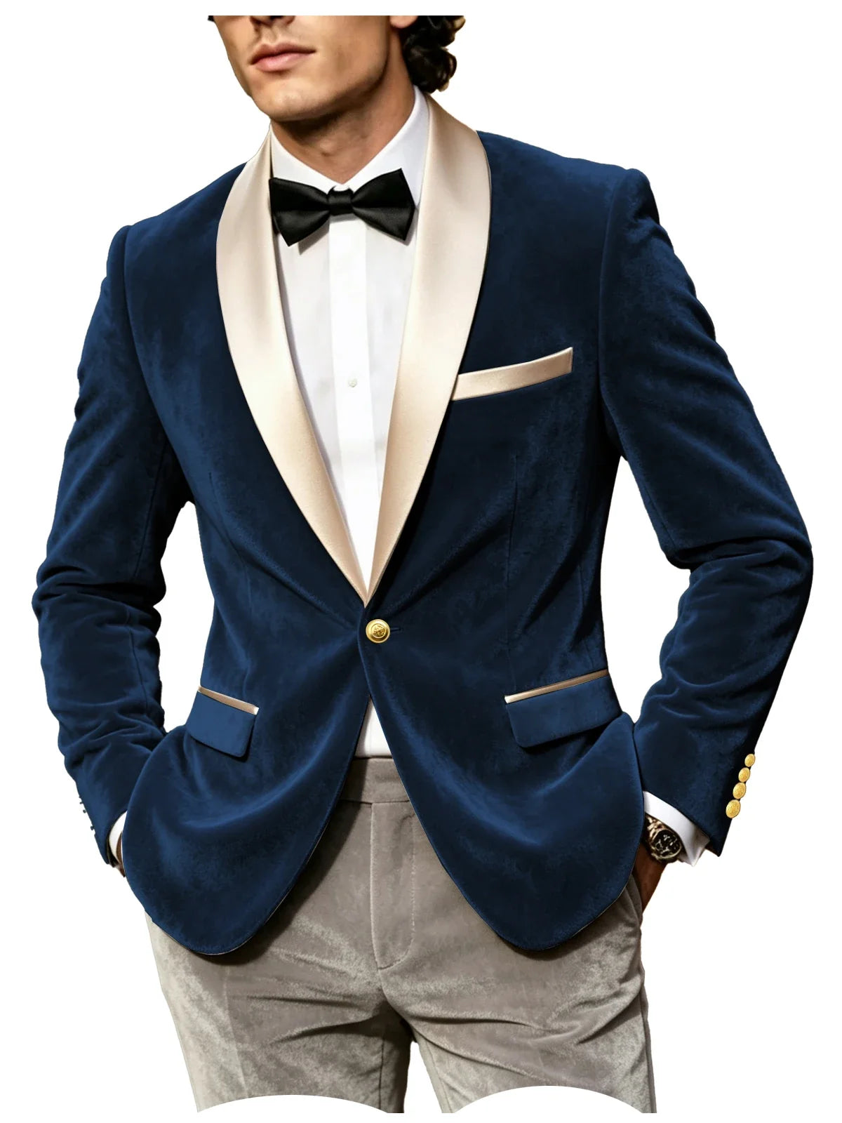 Men Velvet Tuxedo Jacket Champagne Satin Shawl Lapel Slim Fit Blazer Wedding Groom Party Prom Formal Western Dinner Suit Coat