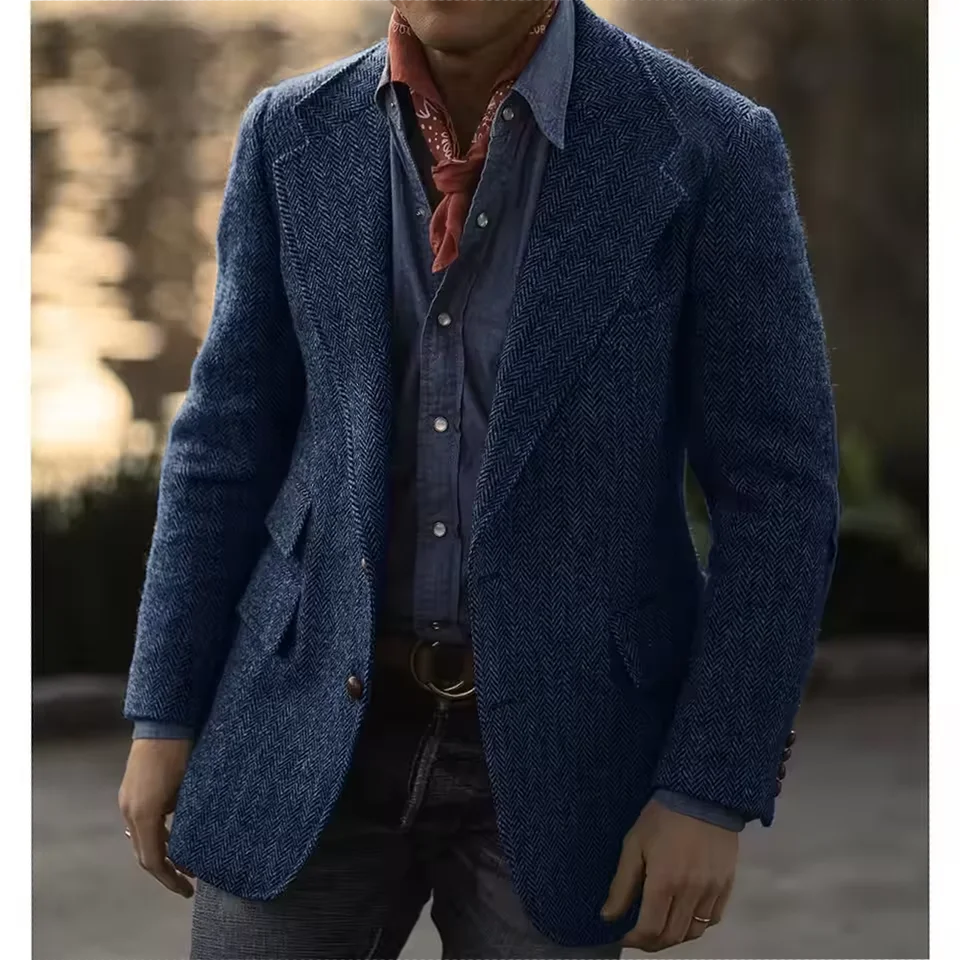 Men's Herringbone Tweed Blazer – Wool Blend, Classic British Style, Business & Wedding