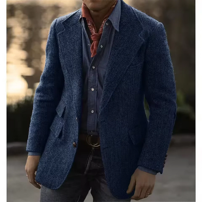 Men's Herringbone Tweed Blazer – Wool Blend, Classic British Style, Business & Wedding