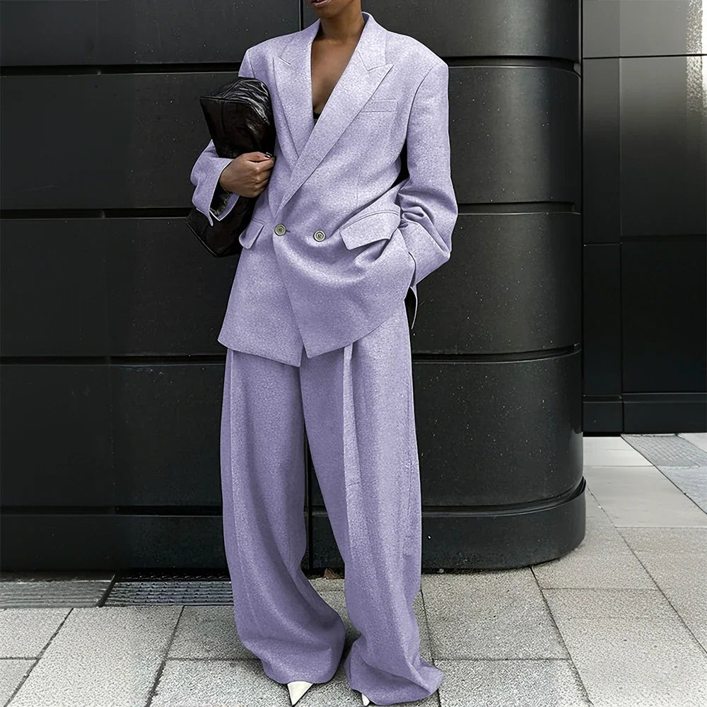 Gray Woolen Office Lady Suit Stretch-comfort Double-breasted Peak-lapel 2Pieces(Jacket+Pants) Casual Oversize Business Women Set