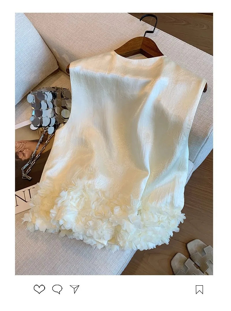 Women Vest Small Fragrance Jacket Satin Sleeveless Top Spring Summer New Fashion Temperament Petal Hem Waistcoat Female Vest