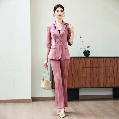 Spring Ladies Pant Suit Women Pink Wine Red Female Business Work Wear Half Sleeve Jacket and Trouser Formal 2 Piece Set Blazer