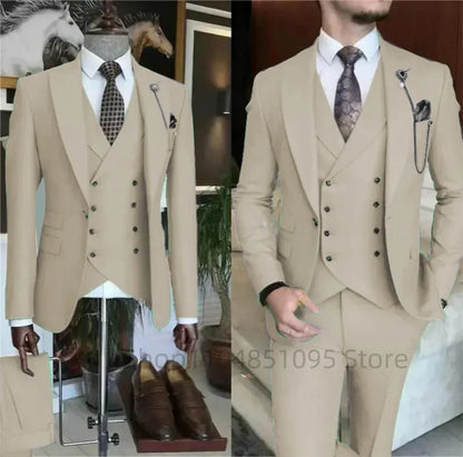 Fashion New Men's Formal Business/Wedding Groom Suits Solid 3 Pieces Men Suits Peak Lapel Single Breasted Blazer Vest Trousers