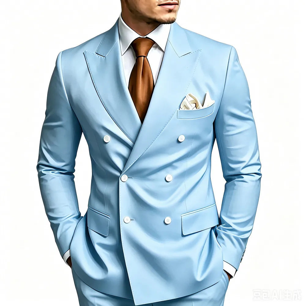 High Quality Brown Men Suits Double Breasted Bespoke Wedding Suit Peaked Lapel Formal Blazer Slim Fit  Groom Dress