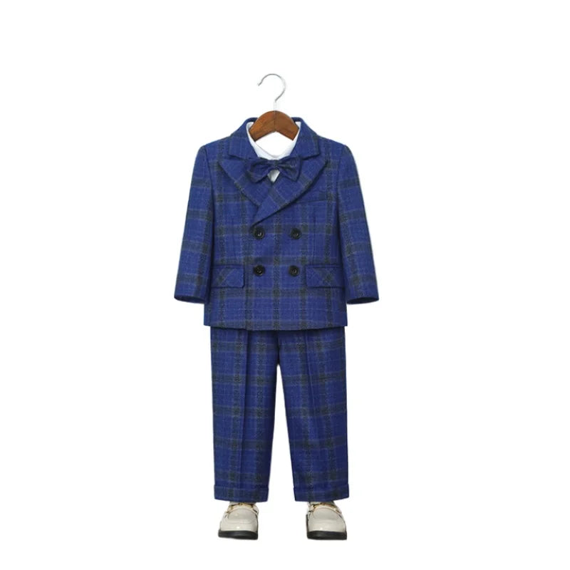 Boys 4Pieces Brown Plaid Wedding Outfit With Jacket Vest Pants Bowtie Kids Formal Wear for Piano Host Speech Performance