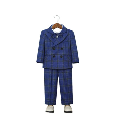 Boys 4Pieces Brown Plaid Wedding Outfit With Jacket Vest Pants Bowtie Kids Formal Wear for Piano Host Speech Performance
