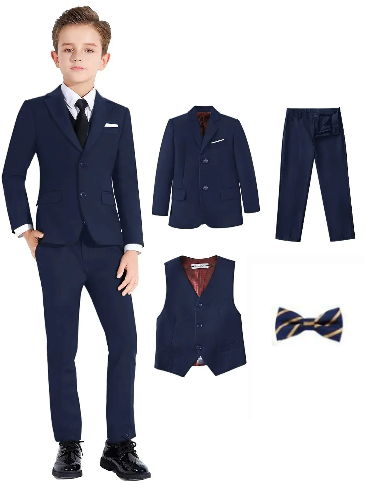 Kids Suit Set Notched Lapel Boys Formal 4-Piece Black Navy for Communion Wedding