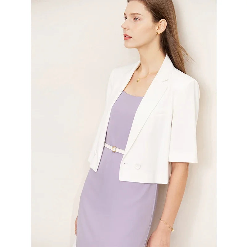 Minimalism Women's Jacket Casual Blazer 2024 Summer Shirts Office Lady Black Business Blazers Short Sleeve Tops 12322062