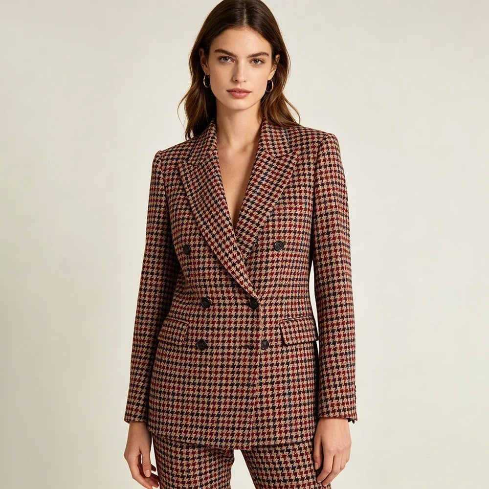 Luxury Vintage 2 Piece Suits High Quality Women's Houndstooth Double Breasted Peak Lapel Blazer Fashin Customzied Jacket Pants
