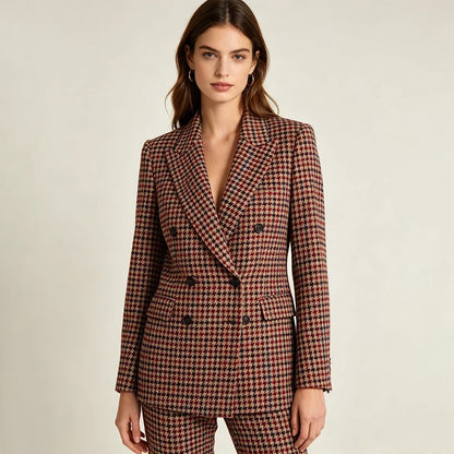 Luxury Vintage 2 Piece Suits High Quality Women's Houndstooth Double Breasted Peak Lapel Blazer Fashin Customzied Jacket Pants