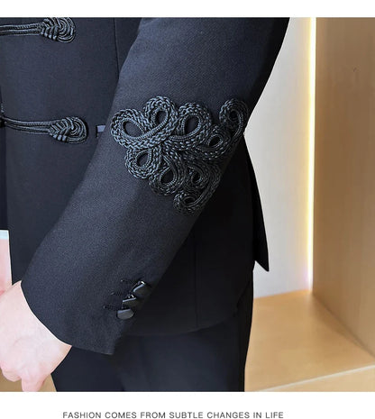 (Jacket+Pants) Vintage Luxury Chinese Style Marriage Suit Fashion High-end Slim Fit Groom Wedding Tuxedo Mens Suit 2 Piece Set