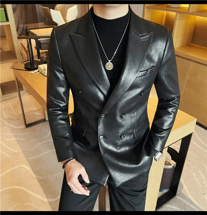 Retro Double Breasted Leather Jacket Mens High-end Fashion Slim Fit business Casual Suit Coat Formal Social Party Prom Tuxedos