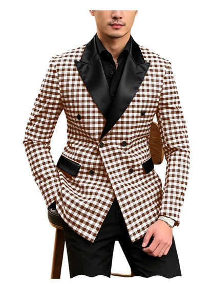 Men's Checkered Double Breasted Blazer Tailored Slim Fit Formal Jacket For Wedding Groom Cocktail Event Prom Dinner Party Coat