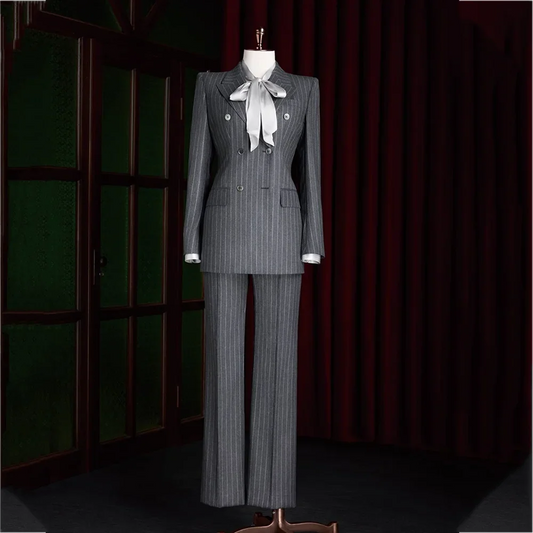 Formal Occasion Women Striped Two Piece Pants Suit Peak Lapel High Quality Chic Formal Attire Work Meeting Banquet Blazer Set