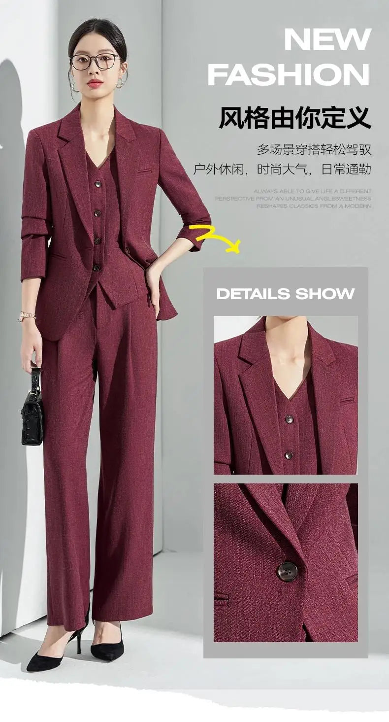 Formal Office Lady Slim Fit 2 Piece Suits Autumn Dark Brown Single Button Blazer And Pants Elegant Business Female Work Wear