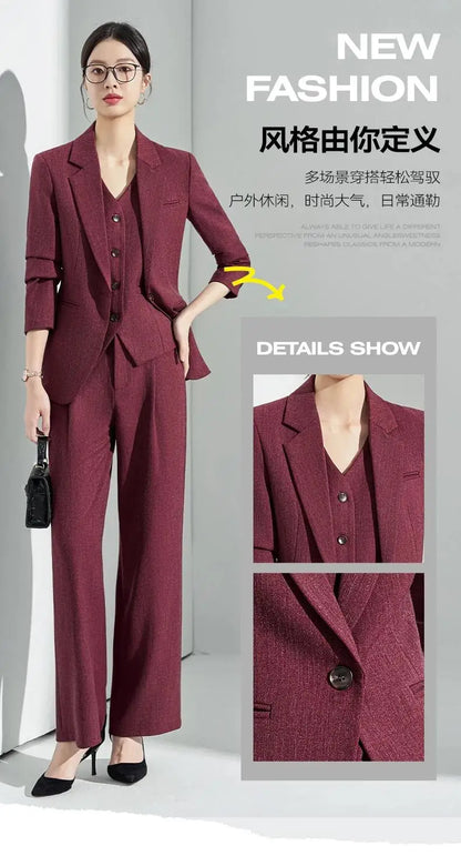 Formal Office Lady Slim Fit 2 Piece Suits Autumn Dark Brown Single Button Blazer And Pants Elegant Business Female Work Wear