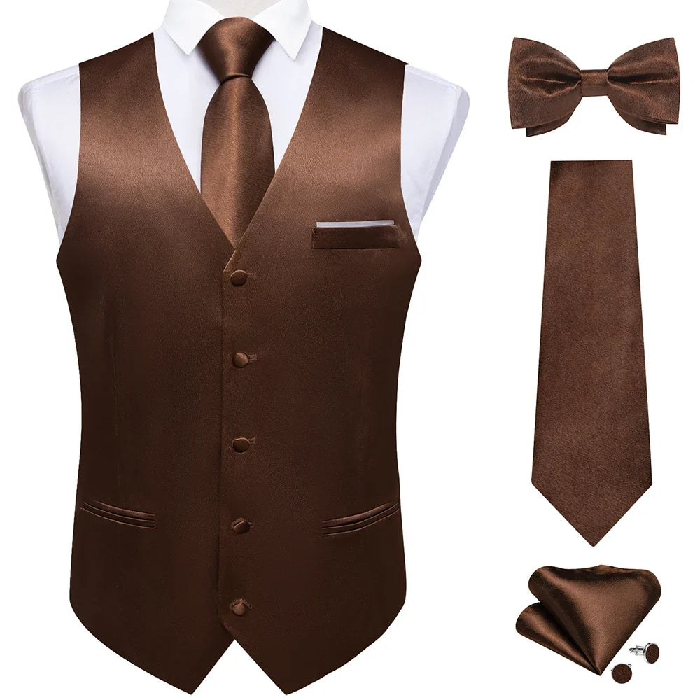 Men's Satin Suit Vest Set with Necktie Bow Tie Handkerchief and Cufflinks for Wedding and Formal Occasions