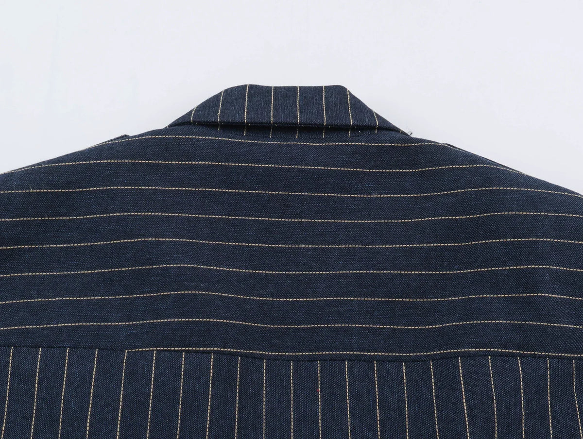 2026 Fashion Women's  Navy Pinstripe Blazer Autumn Elegant Female Long Sleeves Button Military Style Slim Suit Jacket