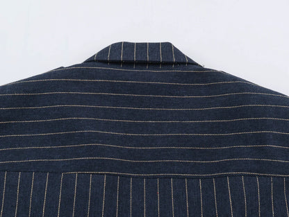 2026 Fashion Women's  Navy Pinstripe Blazer Autumn Elegant Female Long Sleeves Button Military Style Slim Suit Jacket
