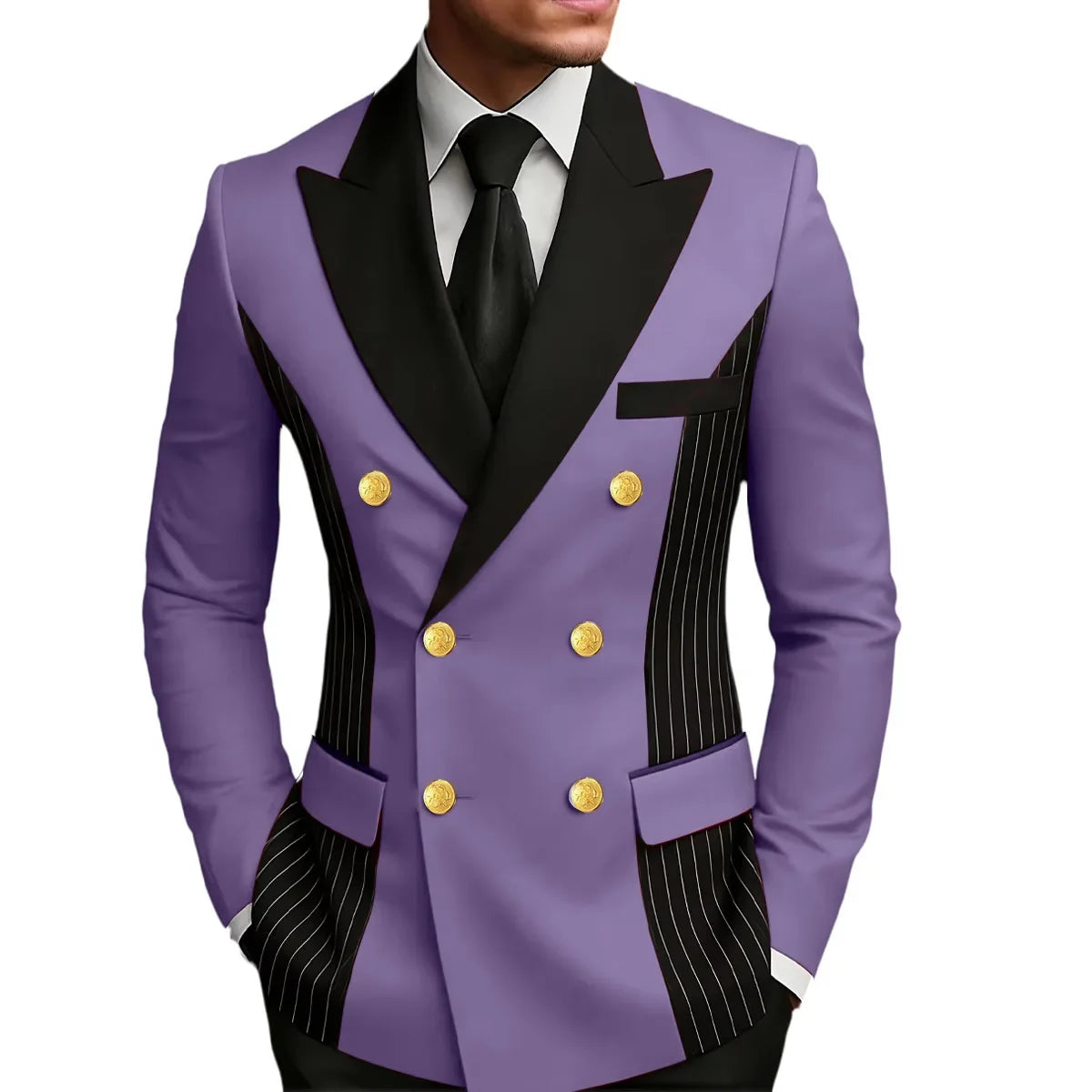 Men's Double Breasted Blazer Striped Patchwork Peak Lapel Slim Fit Formal Wedding Suit Jacket