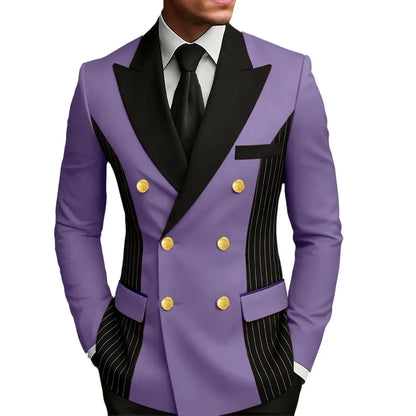 Men's Double Breasted Blazer Striped Patchwork Peak Lapel Slim Fit Formal Wedding Suit Jacket
