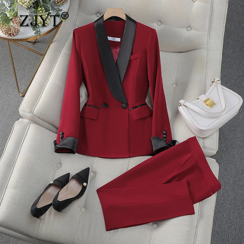 Autumn New Women's Pants Suit 2 Piece Clothing Set Elegant Chic Color Block Blazer Jacket and Trousers Sets Red Formal Work