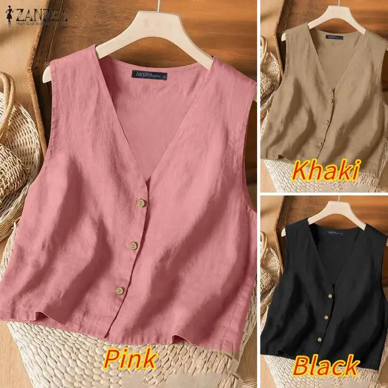 Woman Breathable Cotton Linen Solid Color Tank Tops Summer V-Neck Button Up Sleeveless Tops ZANZEA Daily Casual Vacation Tanks