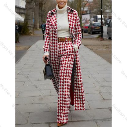 Elegant Houndstooth Women Suits 2 Piece Peak Lapel Formal Casual Prom Party Pants Sets Blazer with Pants