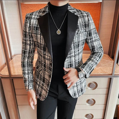 British Style Woven Suit Jacket Men Fashion Plaid Casual Business Blazer Gentleman Versatile Banquet Party Groom Wedding Coats